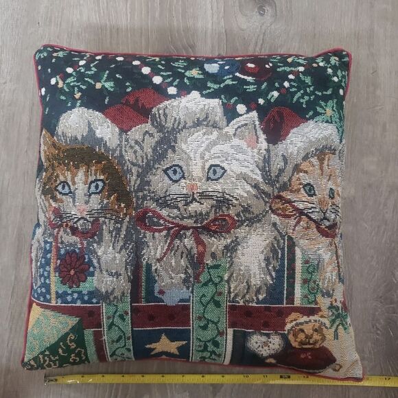 Vintage Needlepoint Kittens Christmas Holiday Presents Cat Throw Decor Pillow - Picture 1 of 6